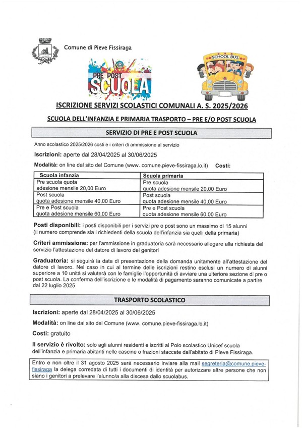 Iscrizione servizi scolastici anno scolastico. 2025-2026